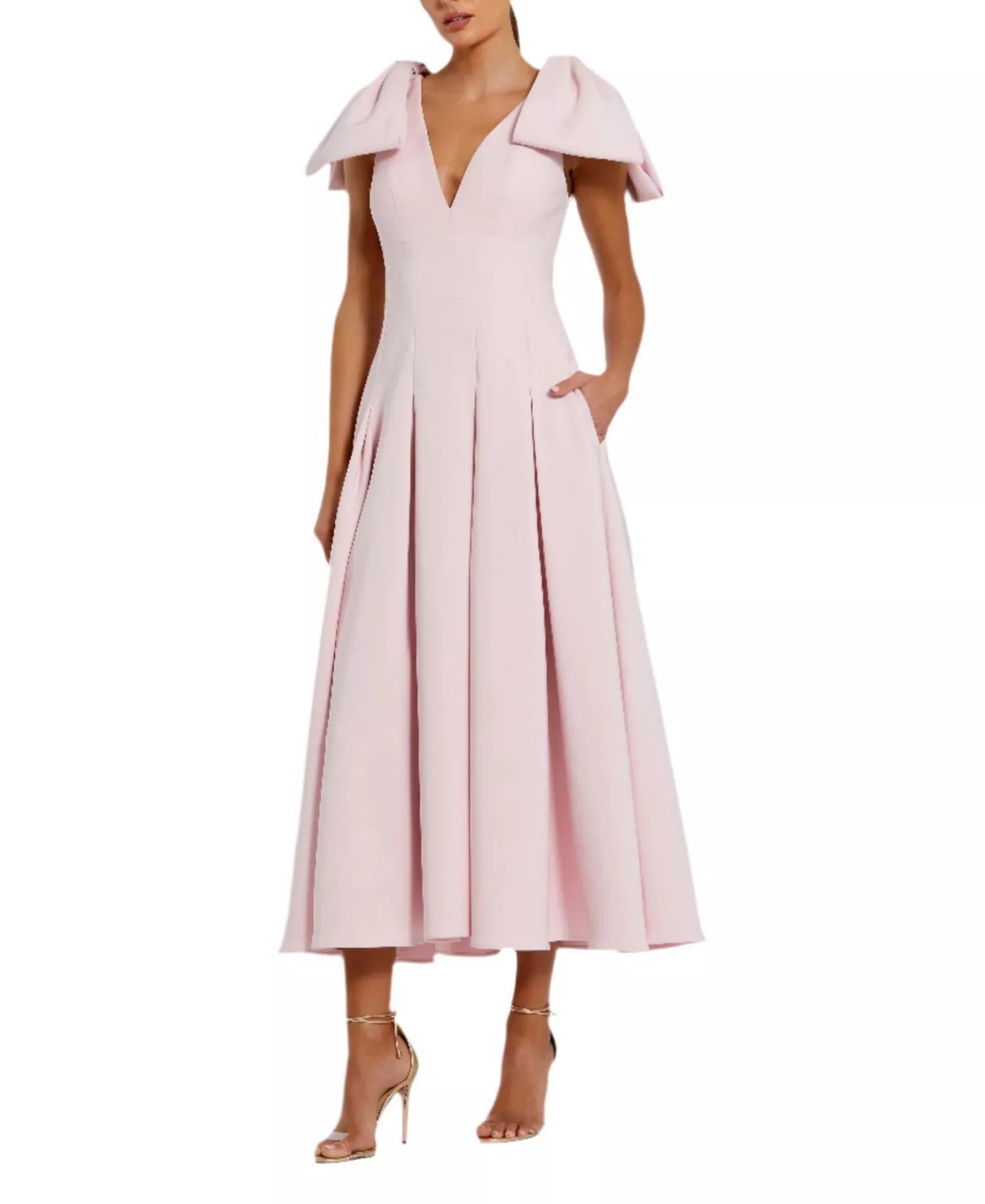 Playful Ballgown V Neck Bow Sleeve Open Back Midi Length For Adults Prom Dress