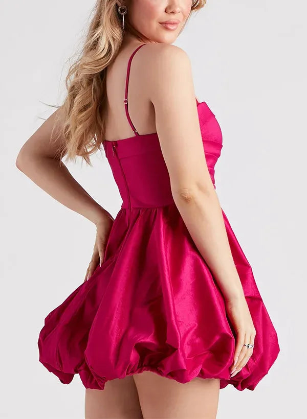 A-Line Spaghetti Straps Notch Ruched Bubble Fuchsia Short Homecoming Dress