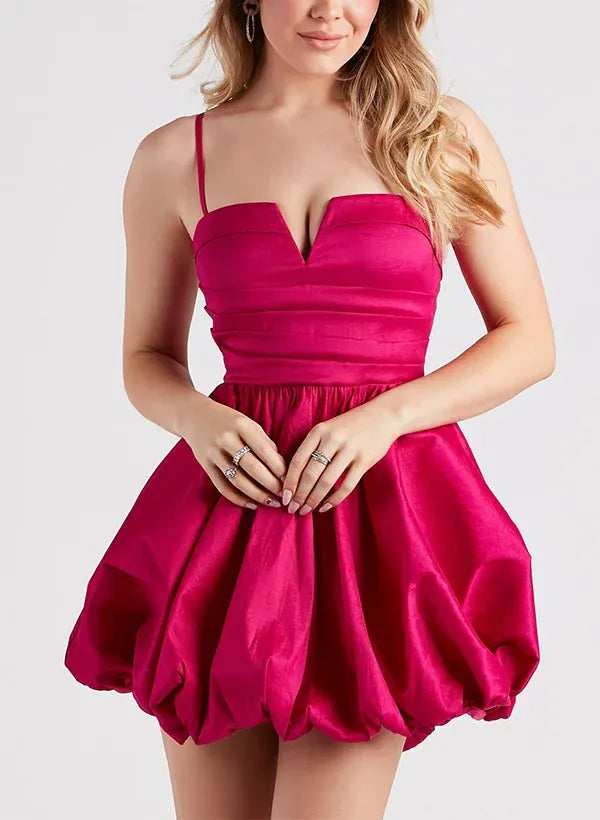A-Line Spaghetti Straps Notch Ruched Bubble Fuchsia Short Homecoming Dress
