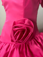 Playful A-Line V Neck Short-Sleeved Floral-Appliqued Hot Pink Mini-Length Prom Dress For Women Ready To Ship