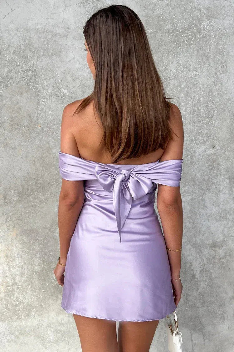 Off Shoulder Satin Homecoming Dress With Bow Back In Yellow Short Style For Teens
