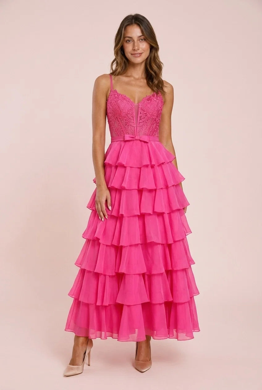Pink A-Line Sweetheart Tie Ruffle Fuchsia Pink Long Prom Dress