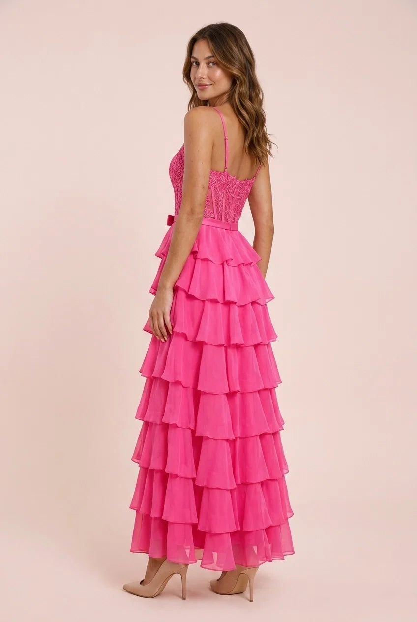 Pink A-Line Sweetheart Tie Ruffle Fuchsia Pink Long Prom Dress