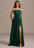 Pleated Bodice Strapless A Line Cut Out Back High Slit Floor Length Hot sale Prom Dress