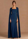 Pleated Capelet Square Neck Satin Mermaid Open Back Floor Length Female Prom Dress