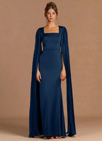 Pleated Capelet Square Neck Satin Mermaid Open Back Floor Length Female Prom Dress