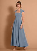 Pleated Fit and Flare Square Neck Cap Sleeve Zipper Back Floor Length Hot sale Prom Dress
