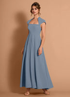 Pleated Fit and Flare Square Neck Cap Sleeve Zipper Back Floor Length Hot sale Prom Dress