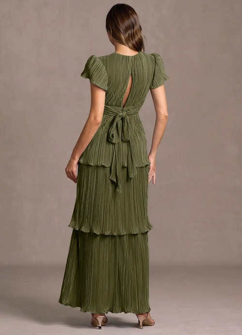 Robe de bal longue pour femme avec manches bouffantes superposées plissées, taille nouée et dos en trou de serrure