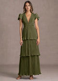 Pleated Layer Puff Sleeve A Line Keyhole Back Tie Waist Floor Length For Ladies Prom Dress