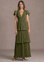 Pleated Layer Puff Sleeve A Line Keyhole Back Tie Waist Floor Length For Ladies Prom Dress