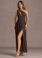 Pleated Texture One Shoulder Sheath Keyhole Cut High Slit Floor Length For Sale Prom Dress