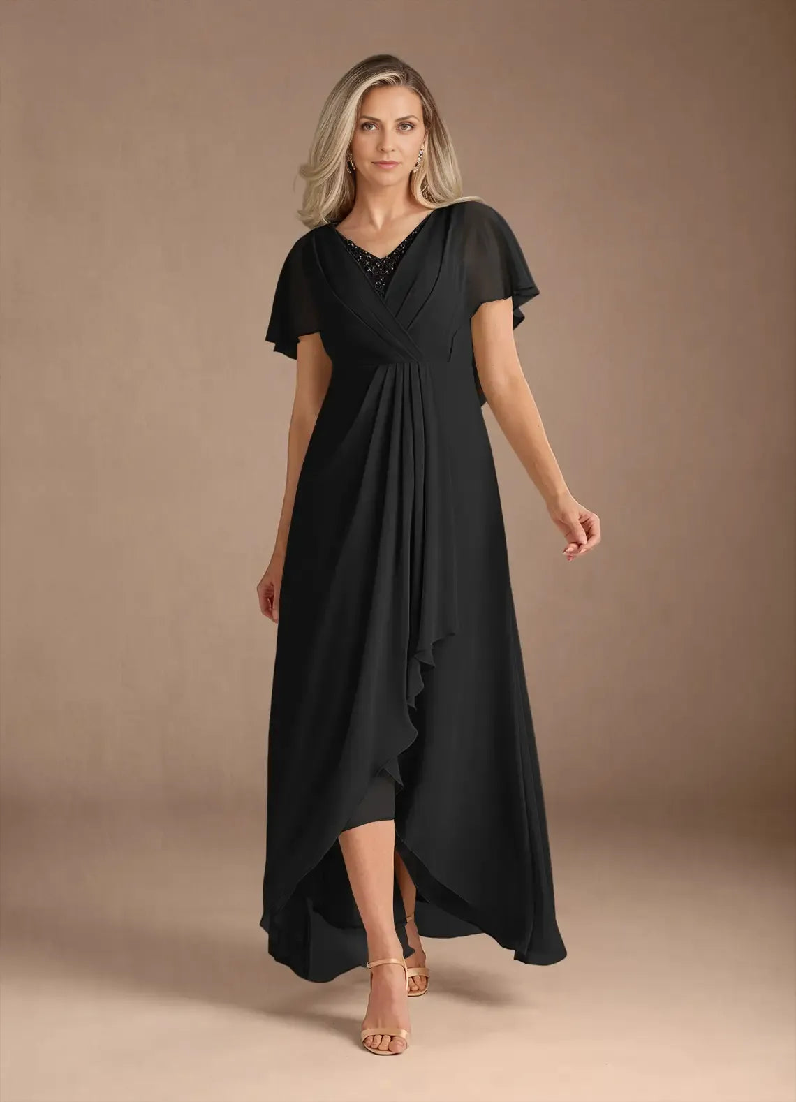 Black A-Line V-Neck Pleated Asymmetrical-Length Dress Flutter Sleeve Solid Color Elegant V Neck Mother of the Bride Dress