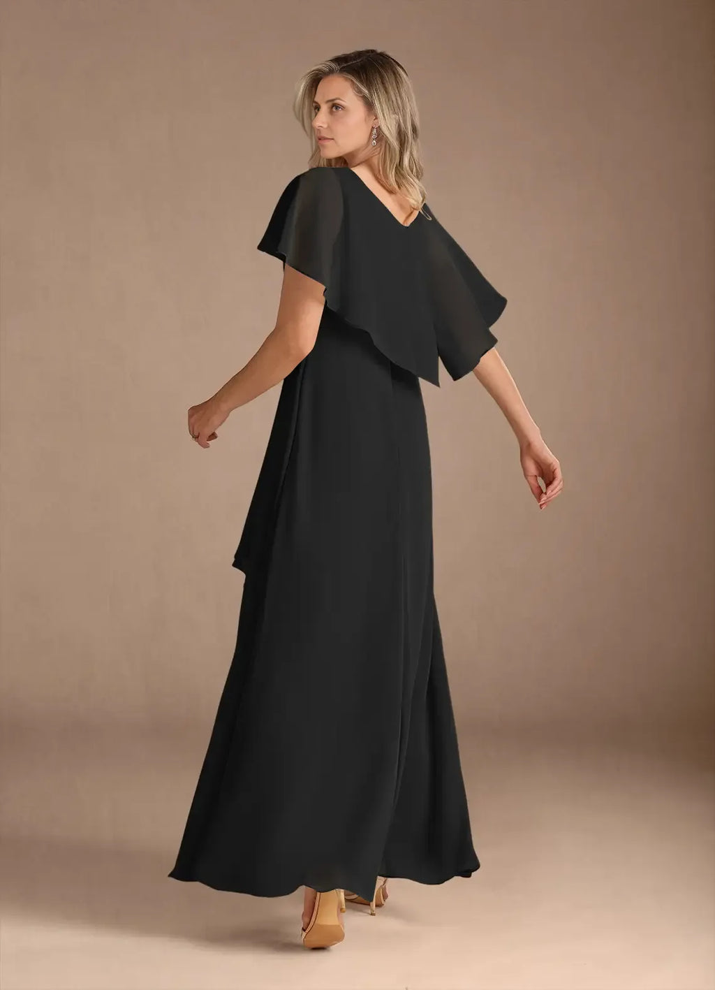 Black A-Line V-Neck Pleated Asymmetrical-Length Dress Flutter Sleeve Solid Color Elegant V Neck Mother of the Bride Dress