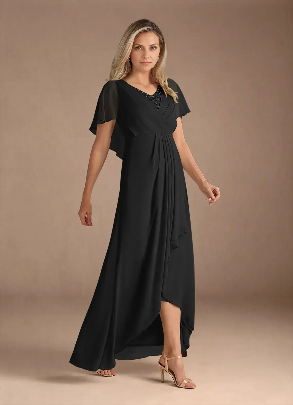 Black A-Line V-Neck Pleated Asymmetrical-Length Dress Flutter Sleeve Solid Color Elegant V Neck Mother of the Bride Dress