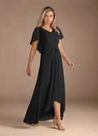 Black A-Line V-Neck Pleated Asymmetrical-Length Dress Flutter Sleeve Solid Color Elegant V Neck Mother of the Bride Dress