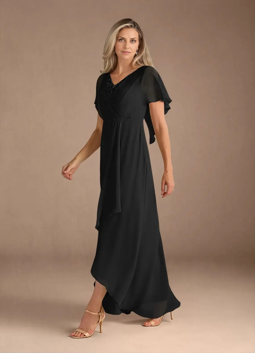 Black A-Line V-Neck Pleated Asymmetrical-Length Dress Flutter Sleeve Solid Color Elegant V Neck Mother of the Bride Dress