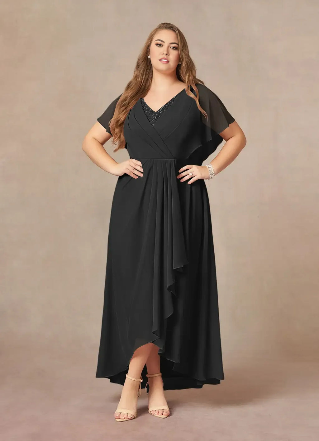 Black A-Line V-Neck Pleated Asymmetrical-Length Dress Flutter Sleeve Solid Color Elegant V Neck Plus Size Mother of the Bride Dress