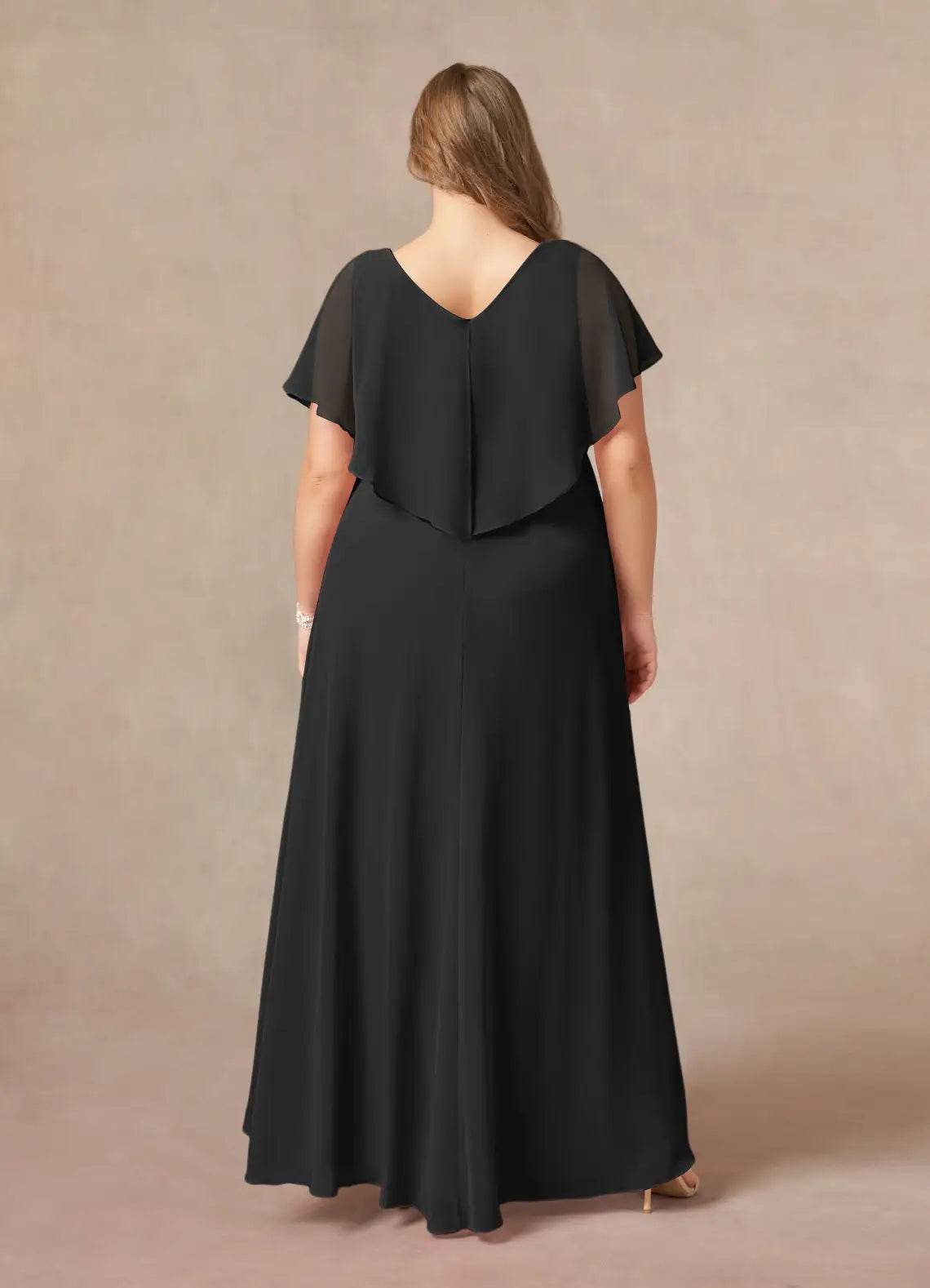 Black A-Line V-Neck Pleated Asymmetrical-Length Dress Flutter Sleeve Solid Color Elegant V Neck Mother of the Bride Dress