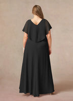 Black A-Line V-Neck Pleated Asymmetrical-Length Dress Flutter Sleeve Solid Color Elegant V Neck Plus Size Mother of the Bride Dress