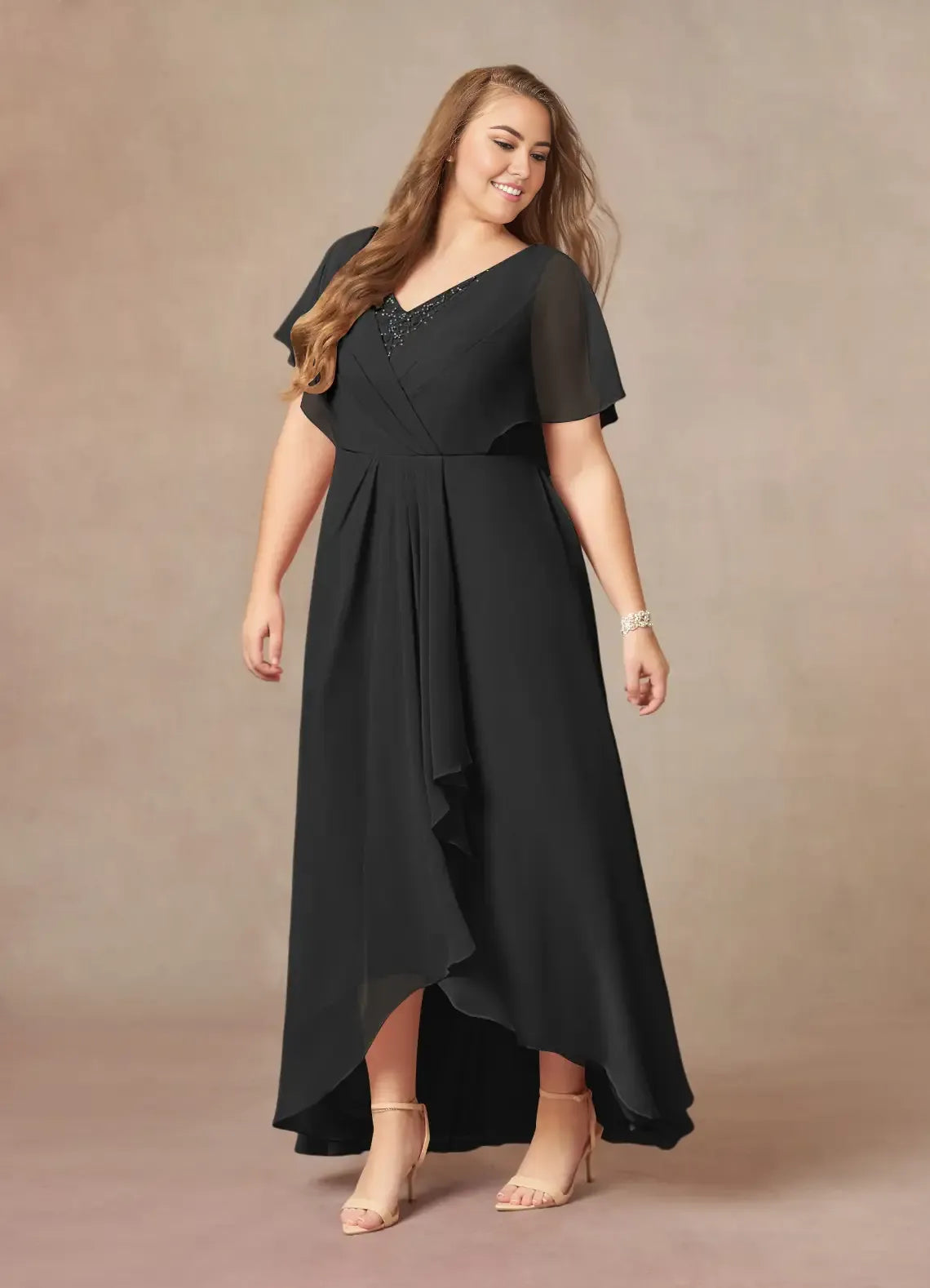 Black A-Line V-Neck Pleated Asymmetrical-Length Dress Flutter Sleeve Solid Color Elegant V Neck Plus Size Mother of the Bride Dress