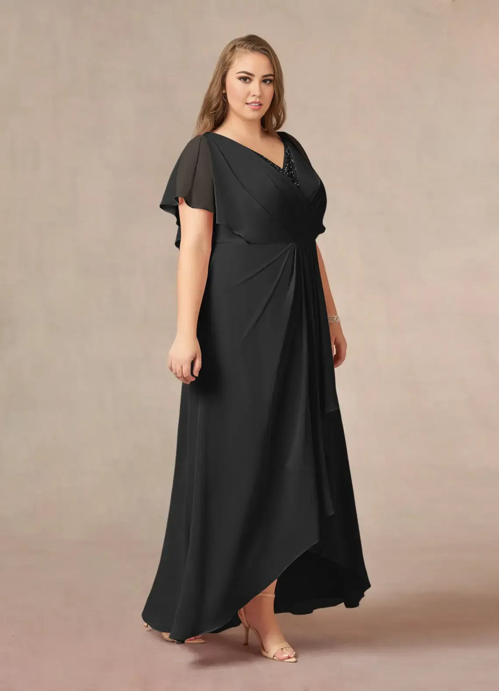 Black A-Line V-Neck Pleated Asymmetrical-Length Dress Flutter Sleeve Solid Color Elegant V Neck Plus Size Mother of the Bride Dress