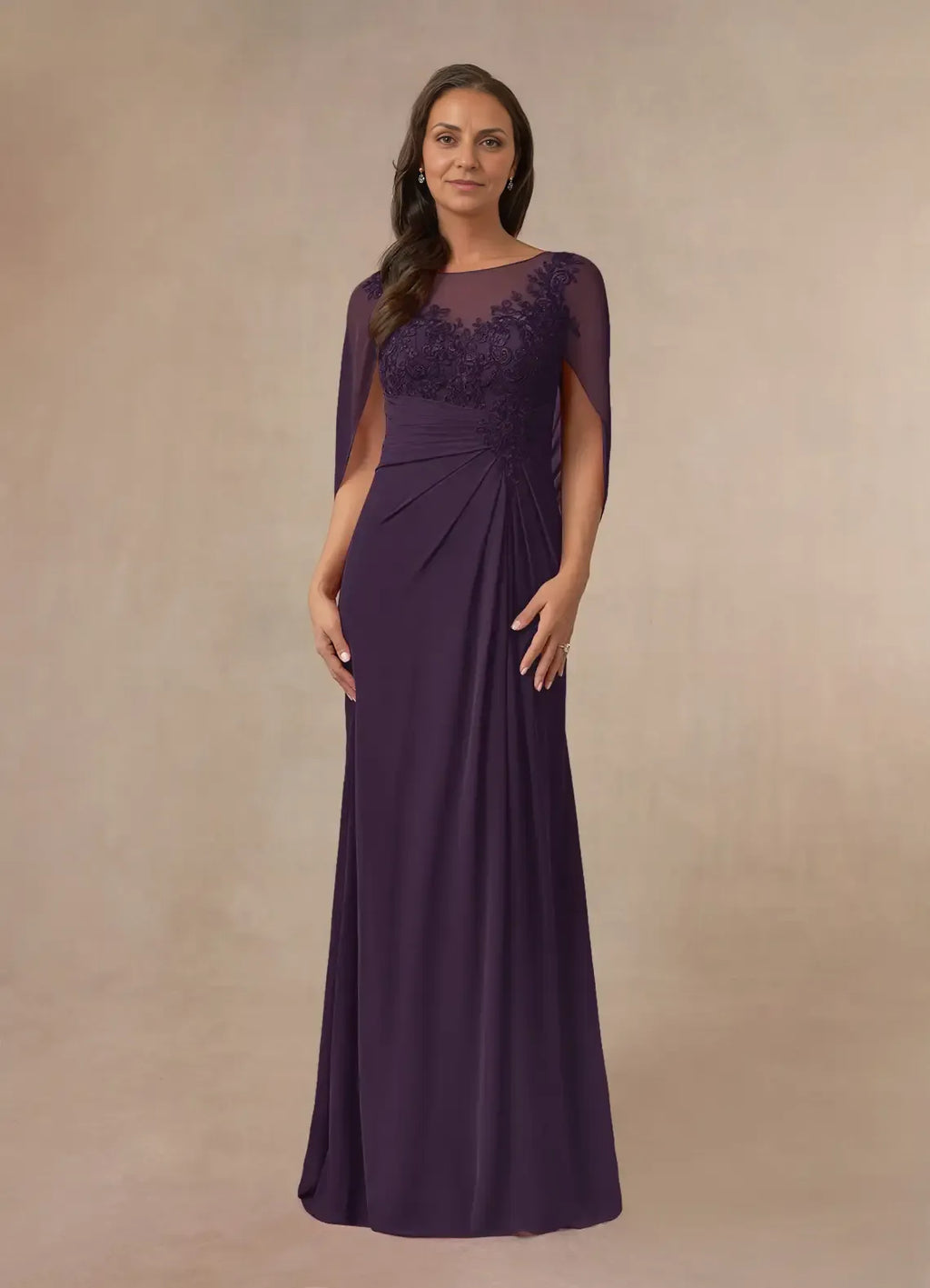 Plum Dress A-Line Capelet Maxi Dress Classic Cap Sleeves Back Zip Boat Neck Mother of the Bride Dress