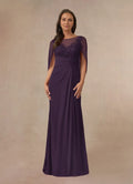 Plum Dress A-Line Capelet Maxi Dress Classic Cap Sleeves Back Zip Boat Neck Mother of the Bride Dress