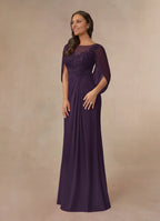Plum Dress A-Line Capelet Maxi Dress Classic Cap Sleeves Back Zip Boat Neck Mother of the Bride Dress