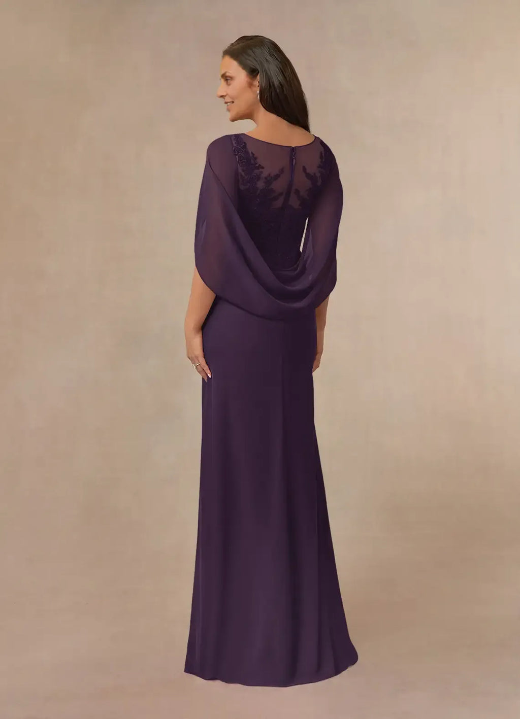 Plum Dress A-Line Capelet Maxi Dress Classic Cap Sleeves Back Zip Boat Neck Mother of the Bride Dress