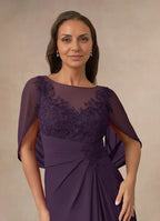 Plum Dress A-Line Capelet Maxi Dress Classic Cap Sleeves Back Zip Boat Neck Mother of the Bride Dress