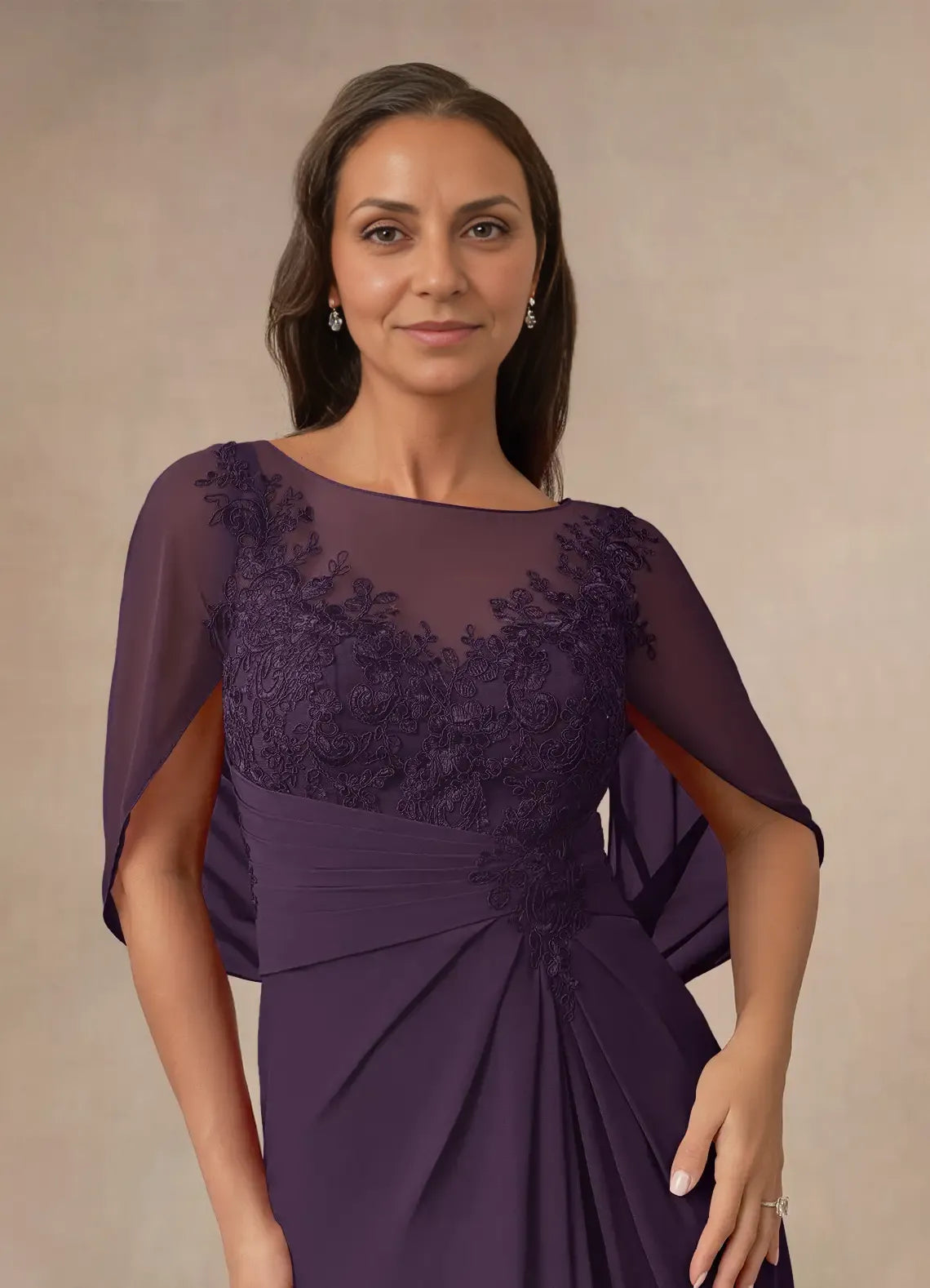 Plum Dress A-Line Capelet Maxi Dress Classic Cap Sleeves Back Zip Boat Neck Mother of the Bride Dress