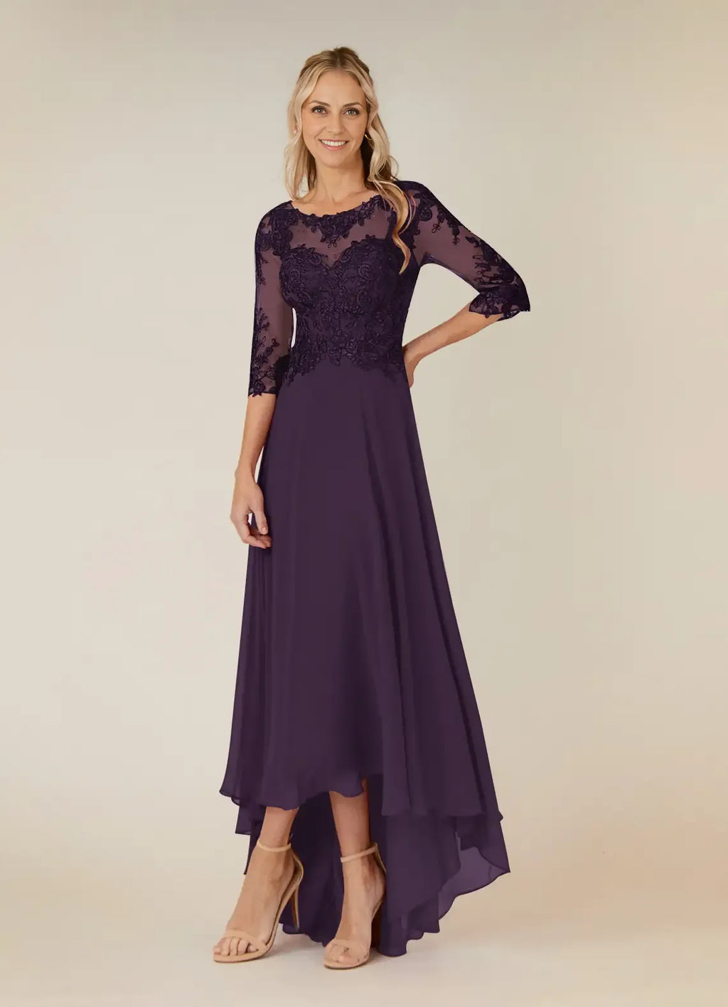 Plum A-Line Asymmetrical-Length Dress Three-Quarter Sleeve Solid Color Simple Scoop Neck Mother of the Bride Dress