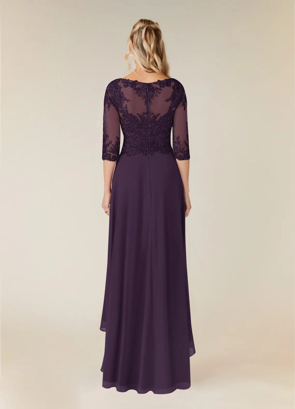 Plum A-Line Asymmetrical-Length Dress Three-Quarter Sleeve Solid Color Simple Scoop Neck Mother of the Bride Dress