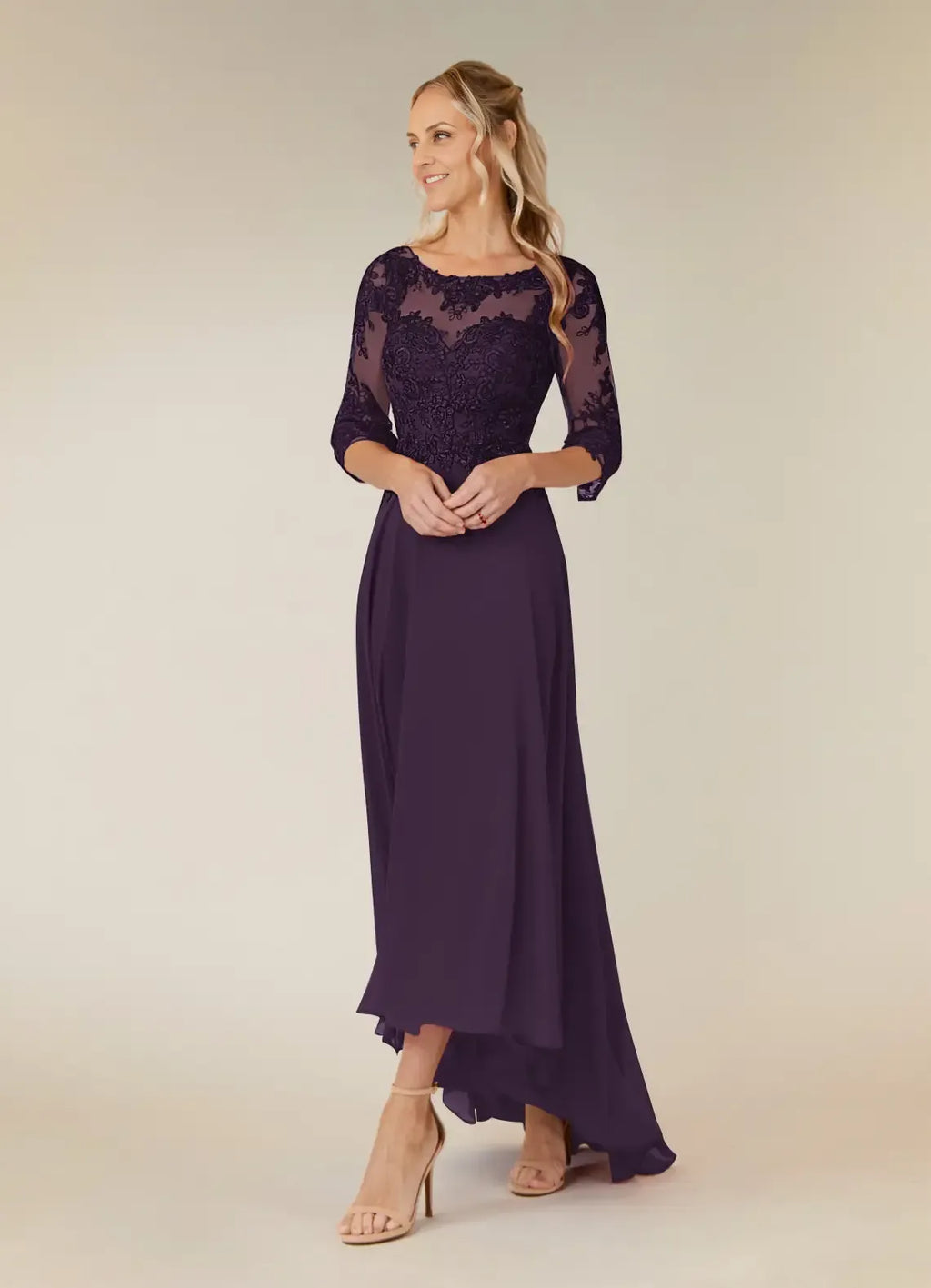 Plum A-Line Asymmetrical-Length Dress Three-Quarter Sleeve Solid Color Simple Scoop Neck Mother of the Bride Dress