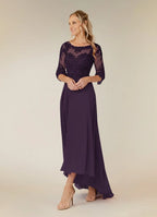 Plum A-Line Asymmetrical-Length Dress Three-Quarter Sleeve Solid Color Simple Scoop Neck Mother of the Bride Dress