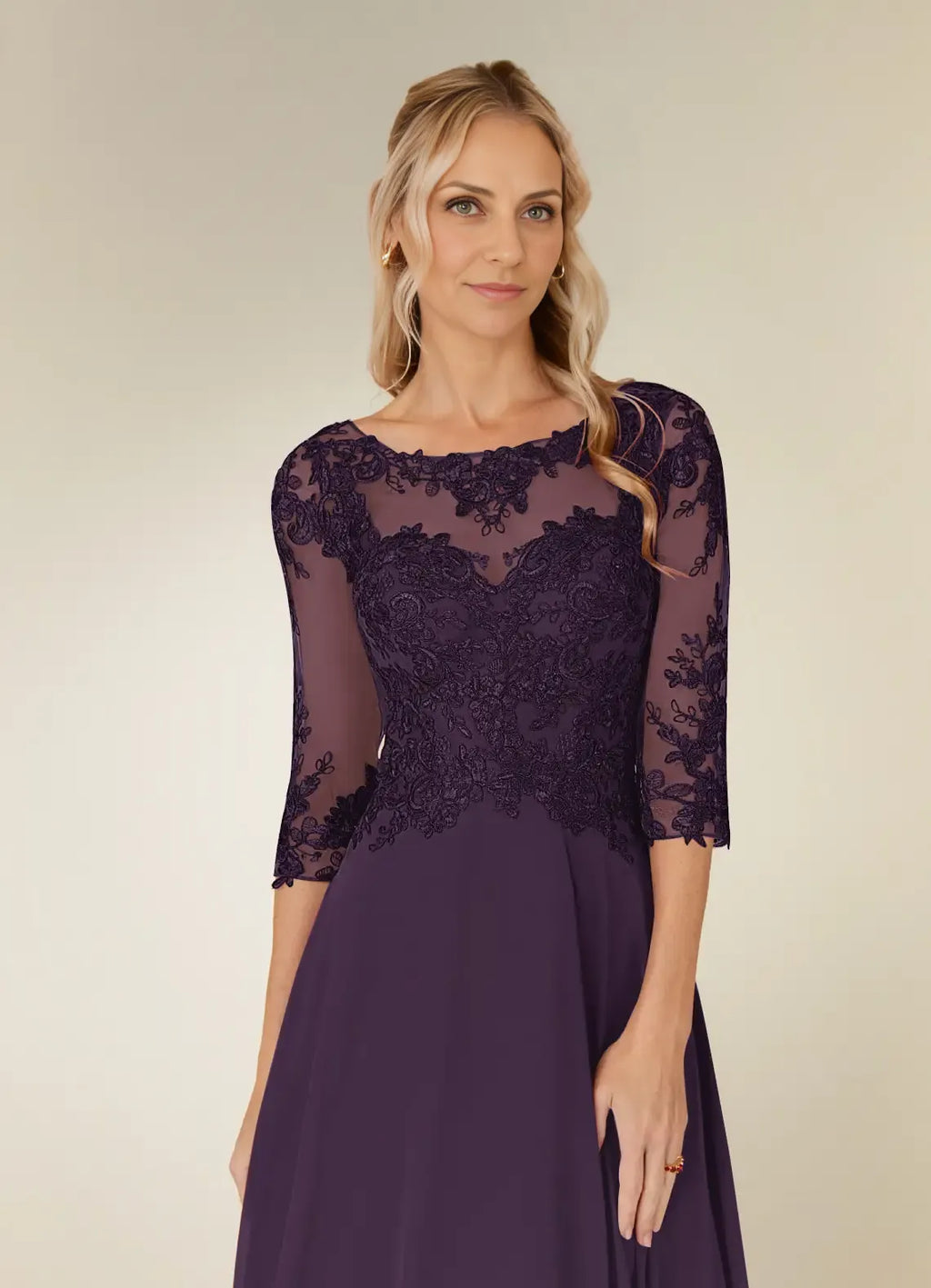 Plum A-Line Asymmetrical-Length Dress Three-Quarter Sleeve Solid Color Simple Scoop Neck Mother of the Bride Dress