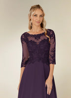 Plum A-Line Asymmetrical-Length Dress Three-Quarter Sleeve Solid Color Simple Scoop Neck Mother of the Bride Dress