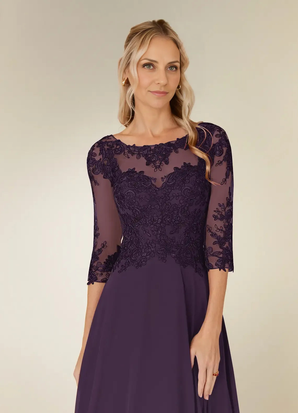 Plum A-Line Asymmetrical-Length Dress Three-Quarter Sleeve Solid Color Simple Scoop Neck Mother of the Bride Dress