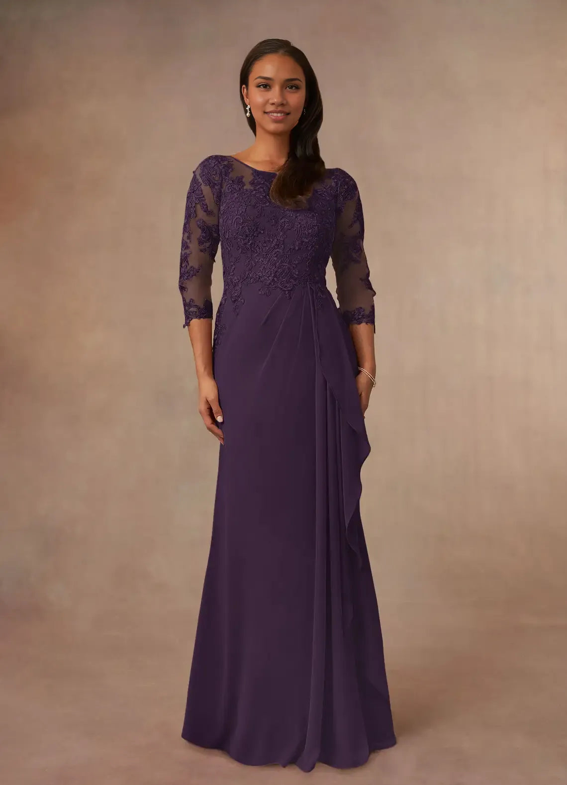 Dress Champagne A-Line Scoop Mother Of The Bride Evening Dress Elegant Ruffle Three-Quarter Sleeve V Back Plus Size Mother Of The Bride Dress