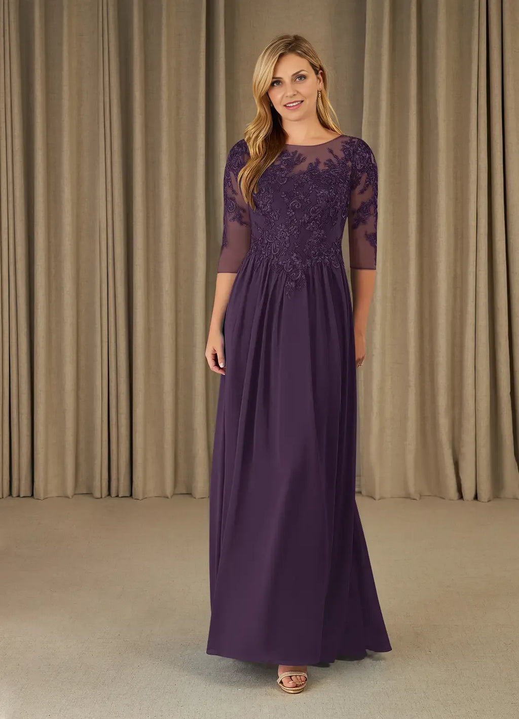 Plum Dress Scoop A-Line Mother Of The Bride Evening Dress Fashion Three-Quarter Sleeve Back Zip Plus Size Mother Of The Groom Dresses