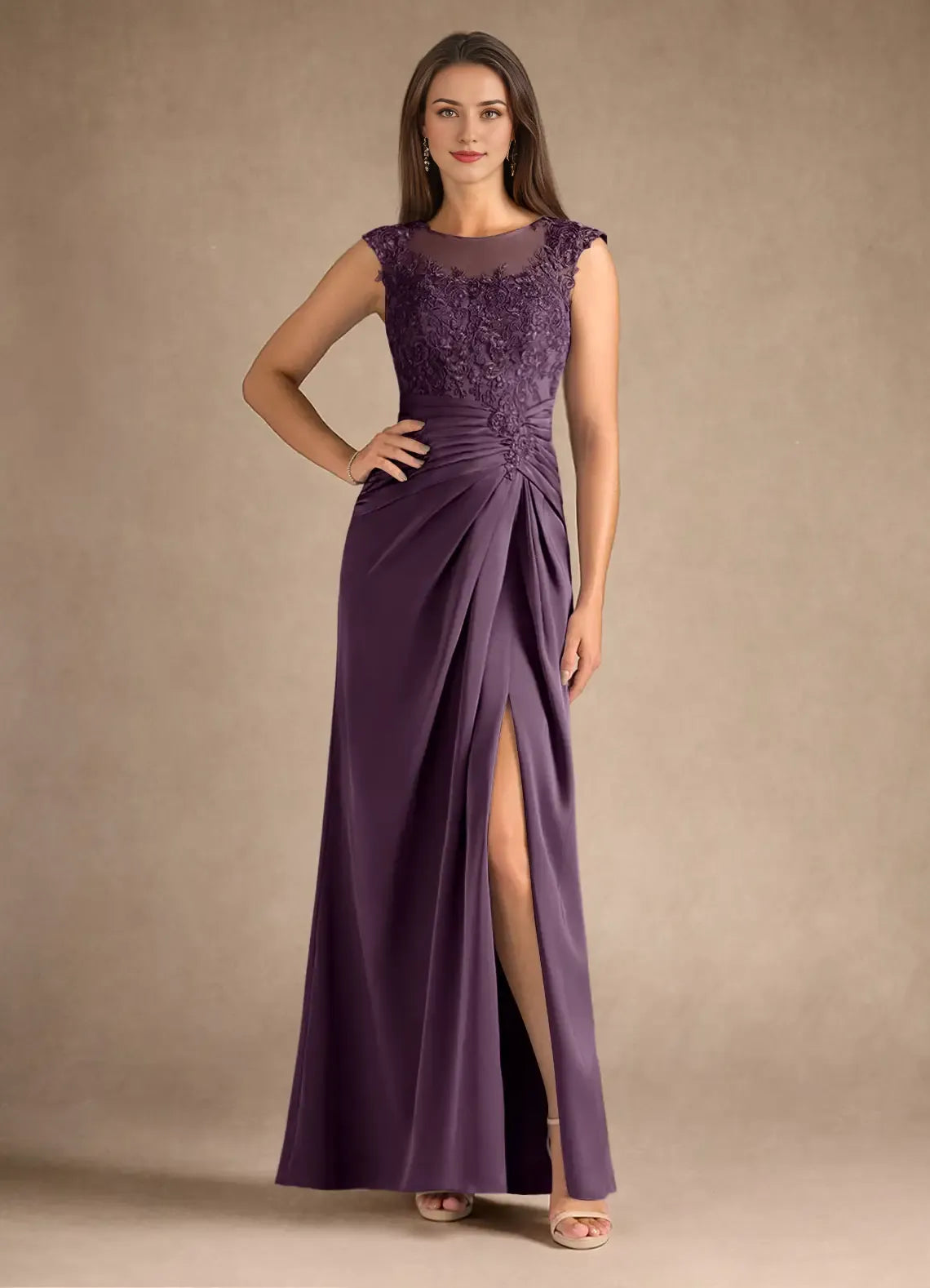 Blue Dress Steel Sheath Pleated Mother of the Groom Dresses Elegant Scoop Neck Sleeveless Leg Slit Evening Dress