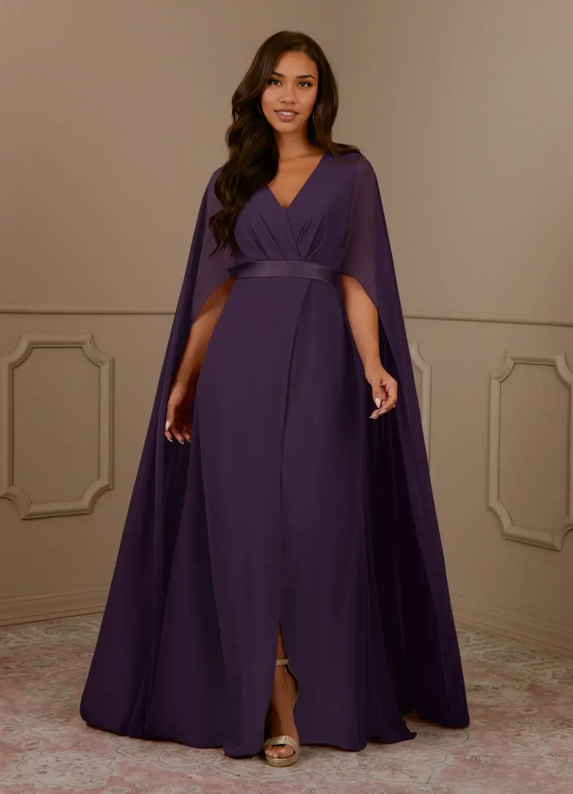 Navy Dress Dark V-Neck Pleated A-Line Mother Of The Bride Evening Dress Minimalist Cape Sleeve Back Zip Plus Size Mother Of The Bride Dress