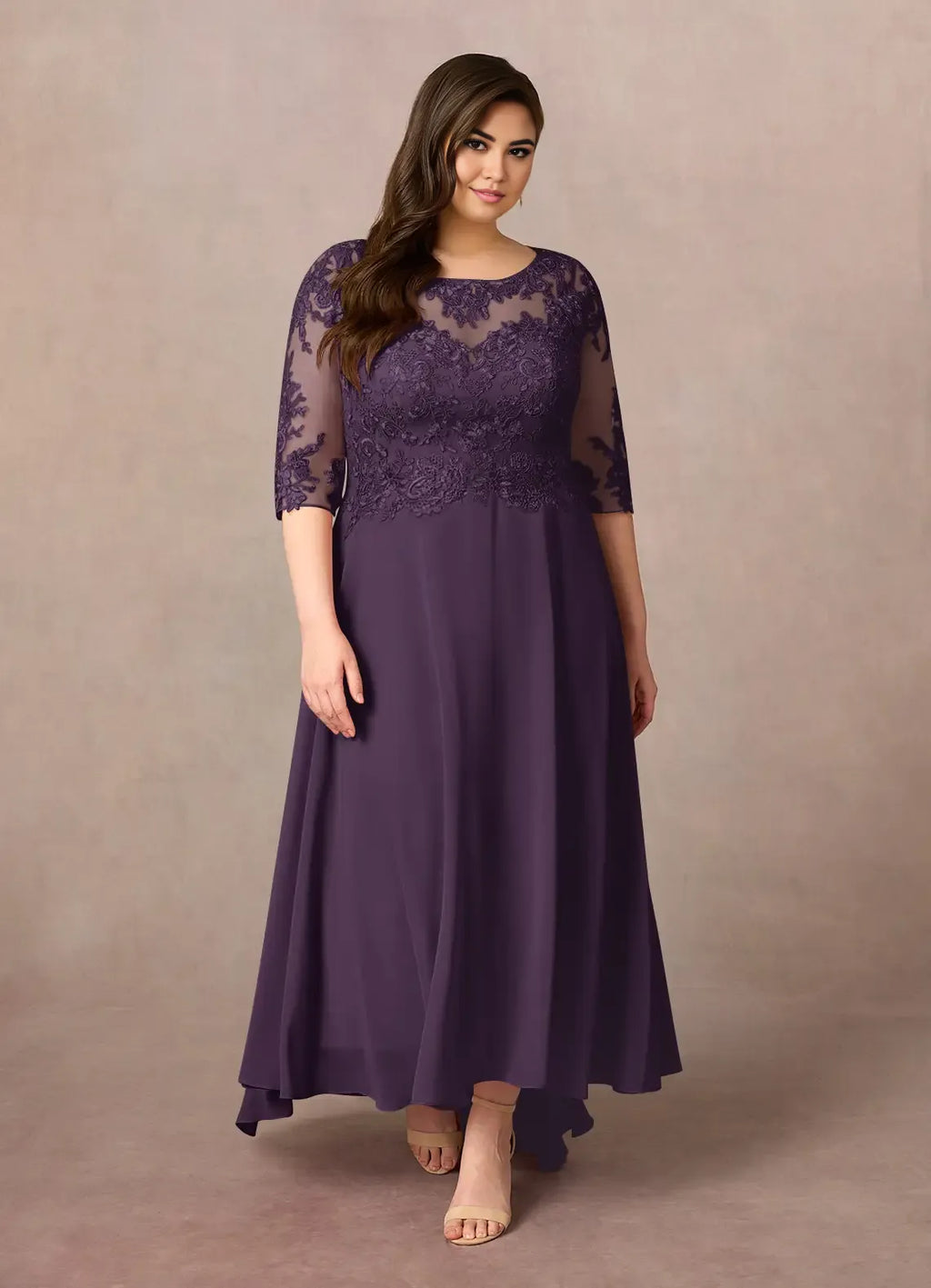 Plum A-Line Asymmetrical-Length Dress Three-Quarter Sleeve Solid Color Simple Scoop Neck Plus Size Mother of the Bride Dress
