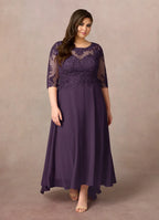 Plum A-Line Asymmetrical-Length Dress Three-Quarter Sleeve Solid Color Simple Scoop Neck Plus Size Mother of the Bride Dress