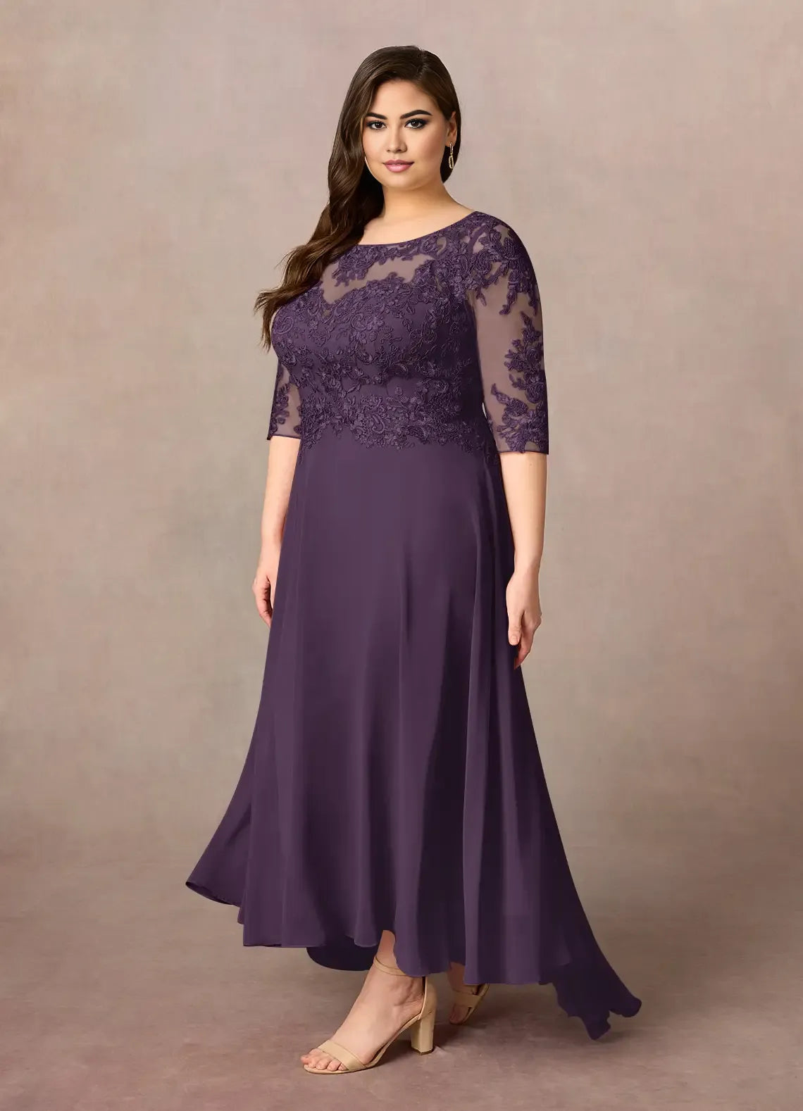 Plum A-Line Asymmetrical-Length Dress Three-Quarter Sleeve Solid Color Simple Scoop Neck Plus Size Mother of the Bride Dress
