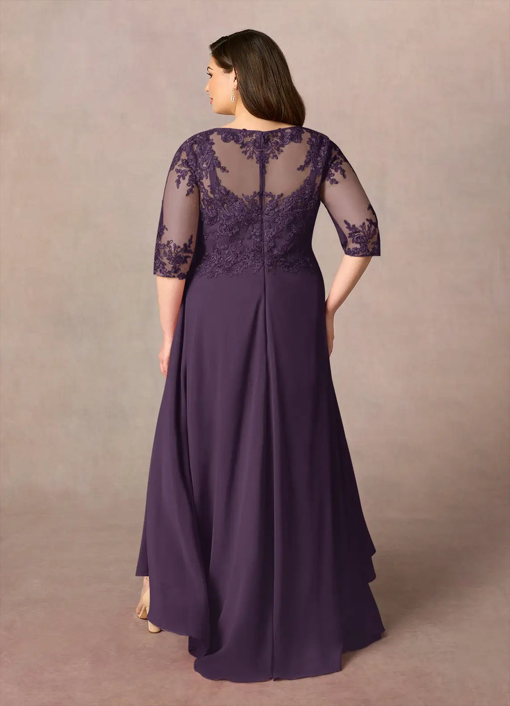 Plum A-Line Asymmetrical-Length Dress Three-Quarter Sleeve Solid Color Simple Scoop Neck Plus Size Mother of the Bride Dress