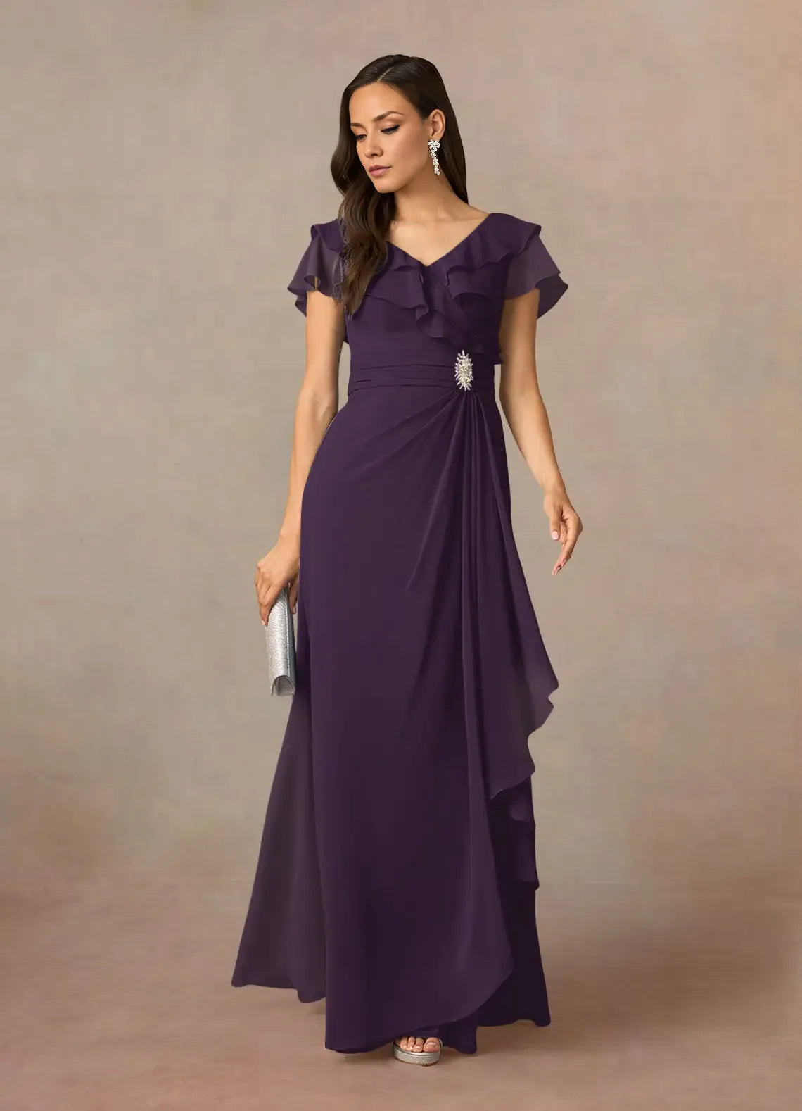 Navy Dress Dark A-Line V-Neck Ruched Mother Of The Bride Evening Dress Elegant Ruffle Flutter Sleeves V Back Plus Size Mother Of The Bride Dress