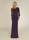 Plum Dress Elegant Sheath Dress Floor-Length Three-Quarter Sleeve Keyhole Back Scoop Neck Mother of the Bride Dress
