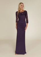 Plum Dress Elegant Sheath Dress Floor-Length Three-Quarter Sleeve Keyhole Back Scoop Neck Mother of the Bride Dress